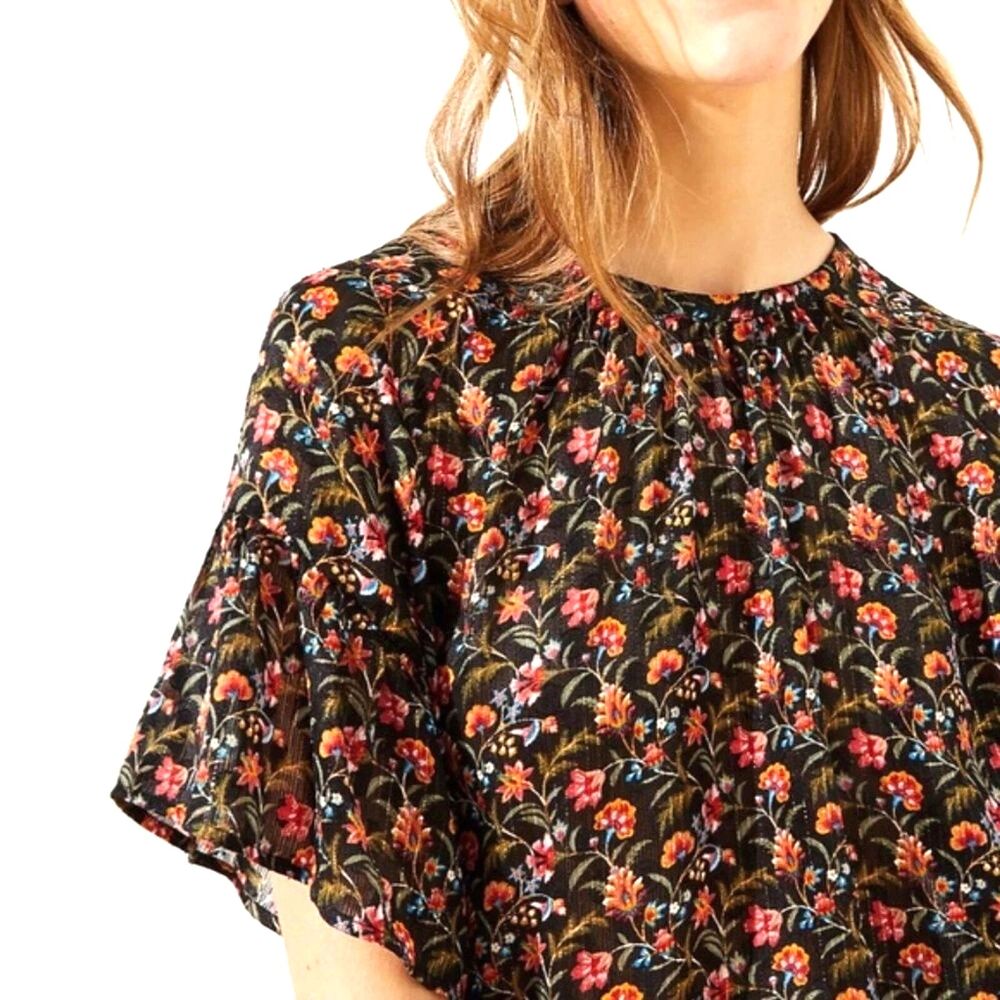 Loft Womens XS Petites Floral Blouse Flutter Sleeve Black Gold Sheer